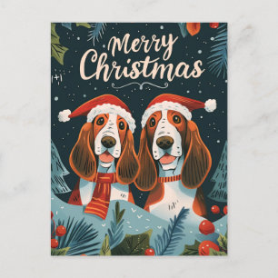 Two Basset Hound Merry Christmas Postcard