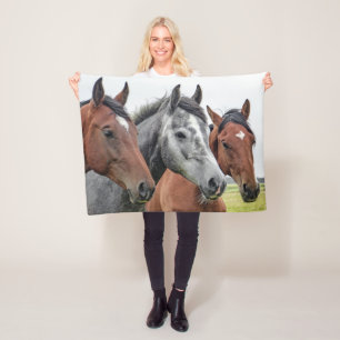 Two Bays and a Grey, Three Horses in a Row Fleece Blanket