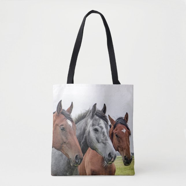 Two Bays and a Grey, Three Horses in a Row Tote Bag (Front)