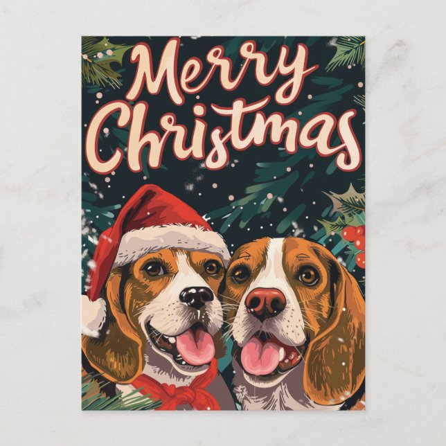 Two Beagle Merry Christmas  Holiday Postcard (Front)