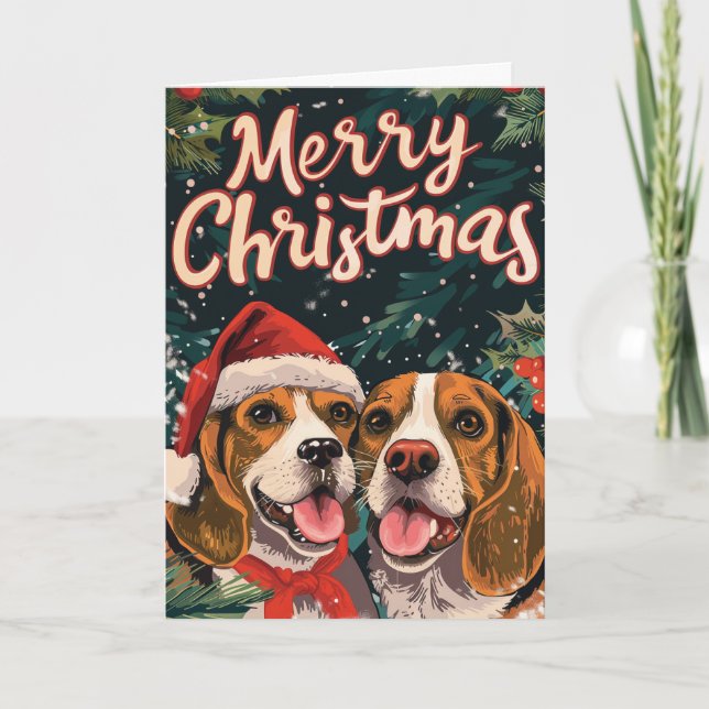 Two Beagle Merry Christmas Personalised Holiday Card (Front)