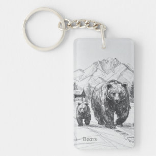 Two bears, mother and baby, hiking along beautiful key ring
