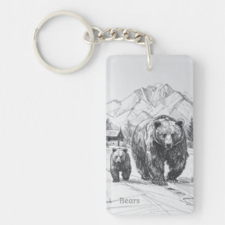 Two bears, mother and baby, hiking along beautiful key ring