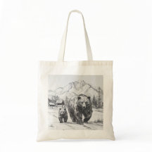 Two bears, mother and baby, hiking along beautiful