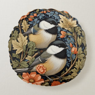 Two Beautiful Black-Capped Chickadees Round Cushion