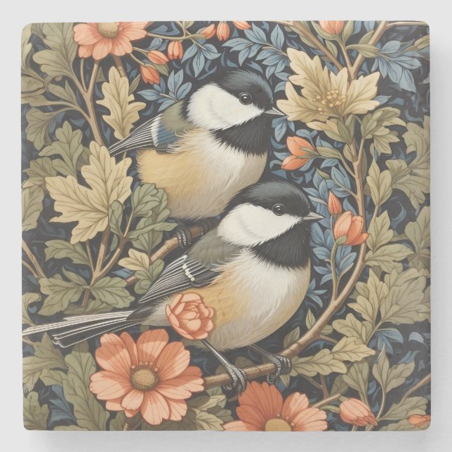 Two Beautiful Black Capped Chickadees Stone Coaster (Front)