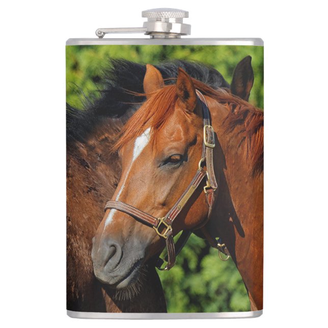 Two Beautiful Chestnut Horses in the Sun Hip Flask (Front)