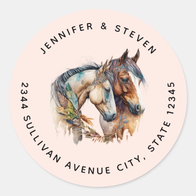 Two Beautiful Horses Western Boho Address Classic Round Sticker (Front)