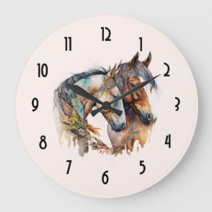 Two Beautiful Horses Western Boho Large Clock