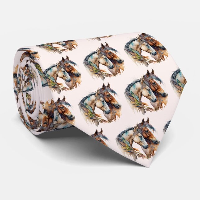 Two Beautiful Horses Western Boho Pattern Tie (Rolled)