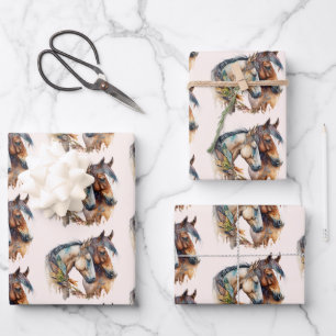Two Beautiful Horses Western Boho Pattern Wrapping Paper Sheet