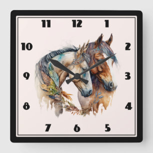 Two Beautiful Horses Western Boho Square Wall Clock
