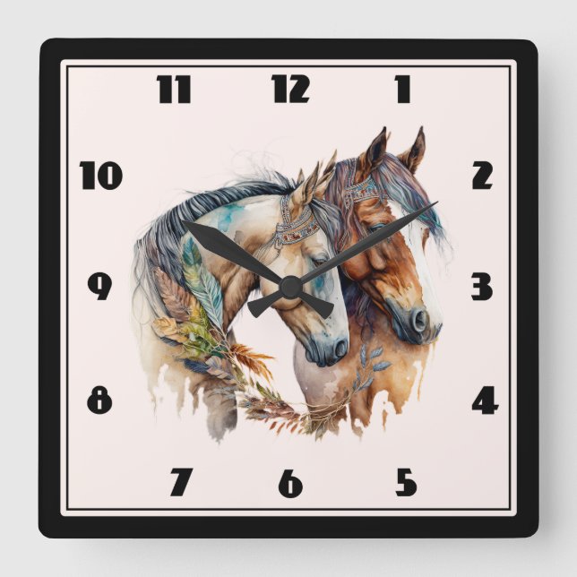 Two Beautiful Horses Western Boho Square Wall Clock (Front)