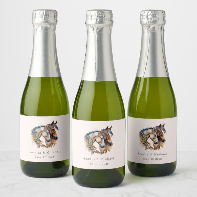 Two Beautiful Horses Western Boho Wedding Sparkling Wine Label (Bottles)