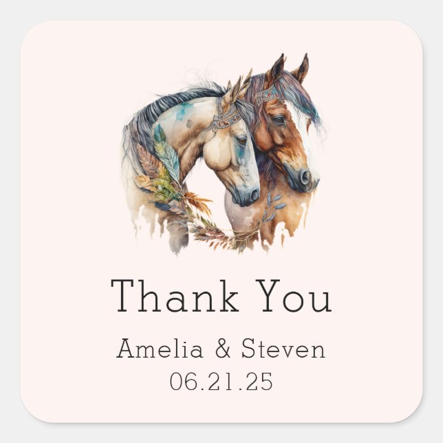 Two Beautiful Horses Western Wedding Thank You Square Sticker (Front)