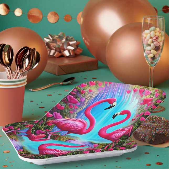 Two beautiful Pink Flamingoes In Love Graphic Paper Plate (Multi)