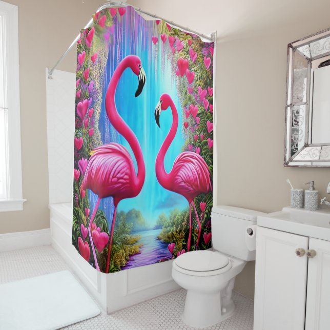 Two beautiful Pink Flamingoes In Love Graphic Shower Curtain (In Situ)