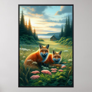 Two Beautiful Watercolor Red Foxes Resting Poster