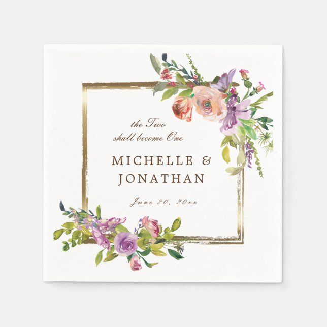 Two Become One Elegant Roses Gold Frame Wedding Napkin (Front)