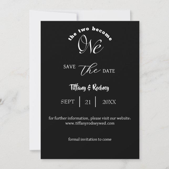 Two Become One White Script Black Save-The-Date Invitation (Front)