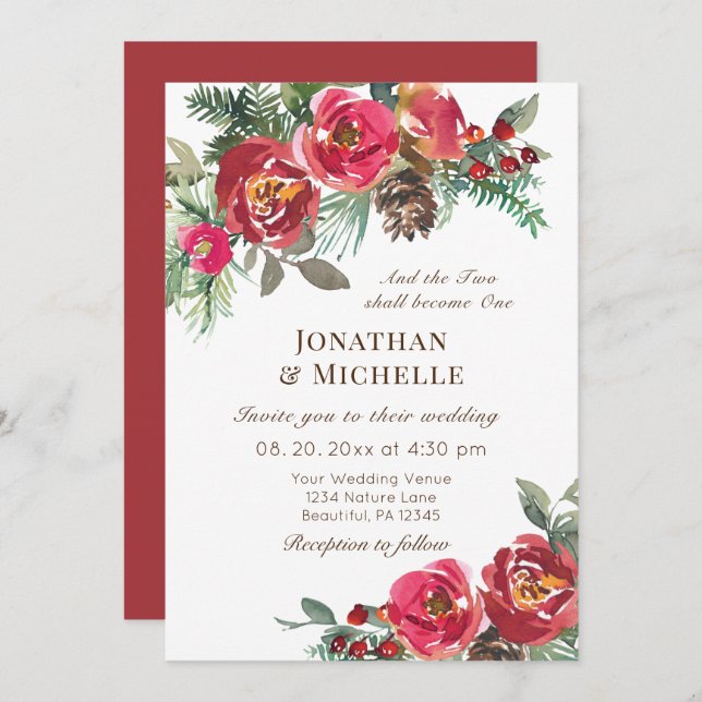 Two Become One Winter Red Roses Christian Wedding Invitation (Front/Back)
