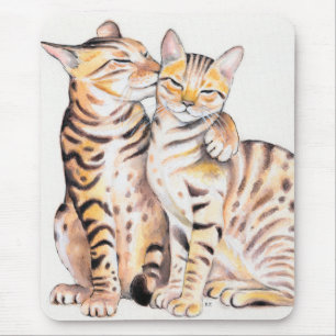 Two Bengal Cats Watercolor Art Mouse Pad