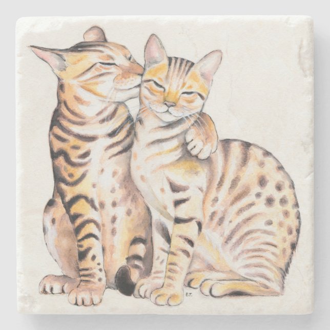 Two Bengal Cats Watercolor Art Stone Coaster (Front)