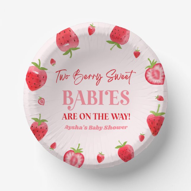 Two Berry Sweet Babies Strawberry Twin Baby Shower Paper Plate (Front)