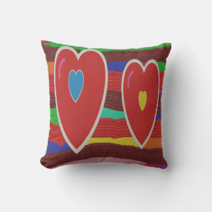 Two big hearts red on mixed colour stripes cushion