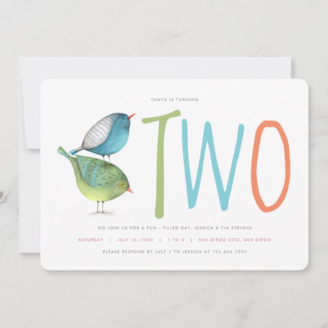 Two Birdie Second Birthday Party Invitation (Front)