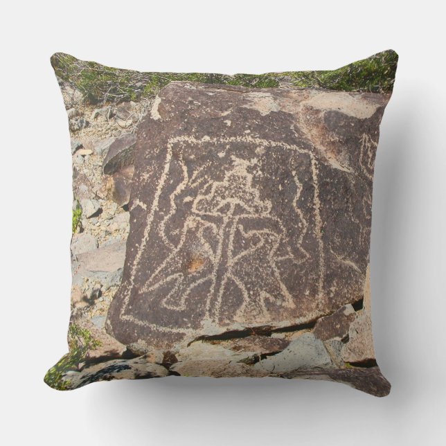 Two birds beneath a Terraced Mountain Petroglyph Cushion (Front)