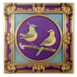 Two Birds in Ornate Gold Frame Ceramic Tile