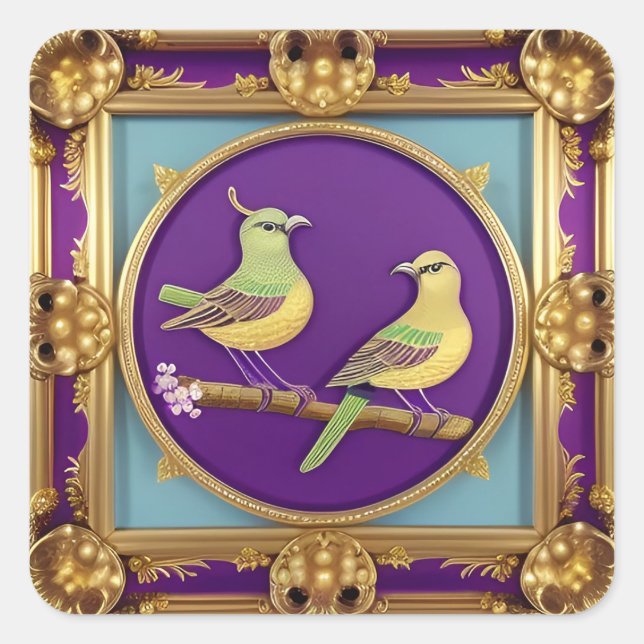 Two Birds in Ornate Gold Frame Square Sticker (Front)