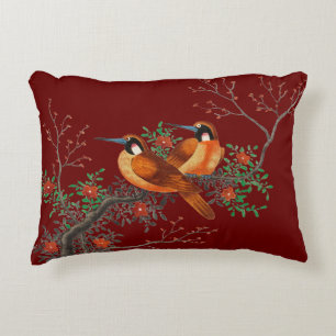 Two birds on a branch burgundy decorative cushion