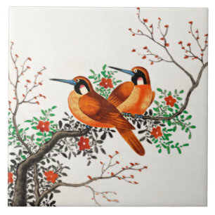 Two Birds on a Flowering Branch Ceramic Tile