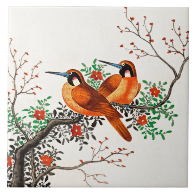 Two Birds on a Flowering Branch  Ceramic Tile (Front)