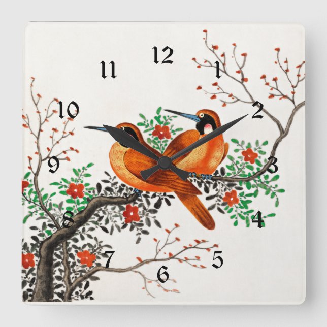 Two Birds on a Flowering Branch Square Wall Clock (Front)