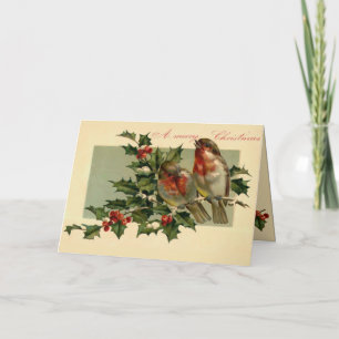 Two birds on a Holly branch Holiday Card