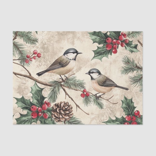 Two Birds on Branches with Holly Berries Tissue Paper (Front)