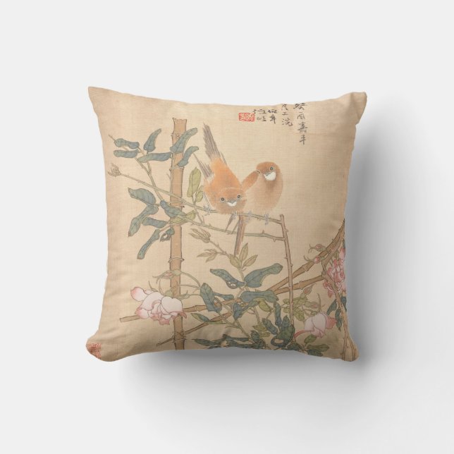 Two Birds on Rose Bamboo Trellis Oriental Art Cushion (Front)