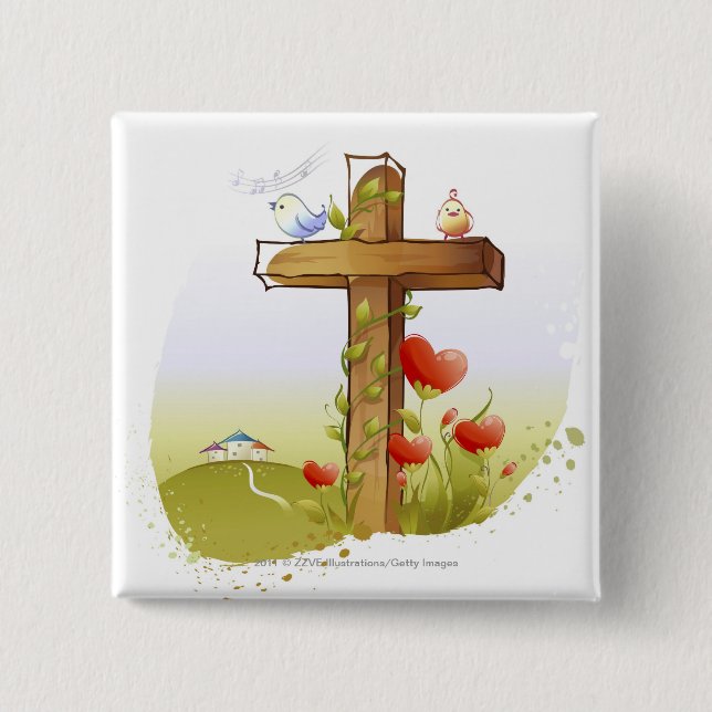 Two birds perching on a cross 15 cm square badge (Front)