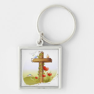 Two birds perching on a cross key ring