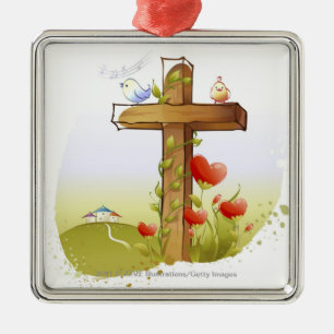 Two birds perching on a cross metal tree decoration