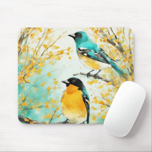 Two Birds Sitting on Tree Branch Mouse Pad