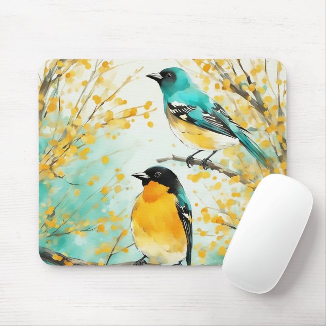 Two Birds Sitting on Tree Branch Mouse Pad (With Mouse)