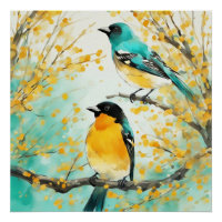 Two Birds Sitting on Tree Branch