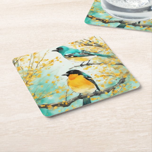 Two Birds Sitting on Tree Branch Square Paper Coaster (Angled)