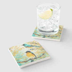 Two Birds Sitting on Tree Branch Stone Coaster