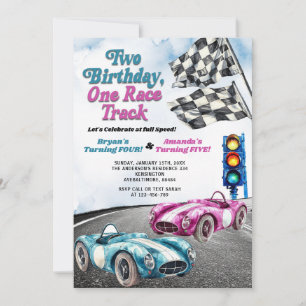 Two Birthday One Race Track Race Car Join Birthday Invitation