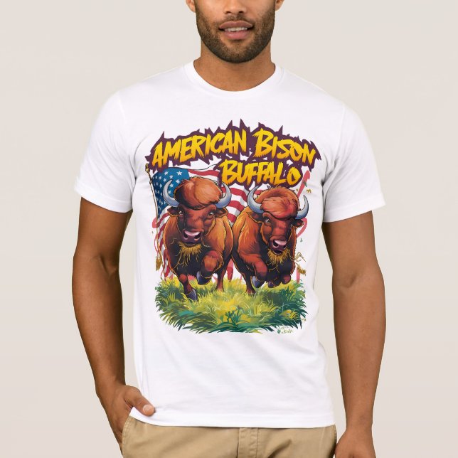 Two Bison Standing Before American Flag T-Shirt (Front)